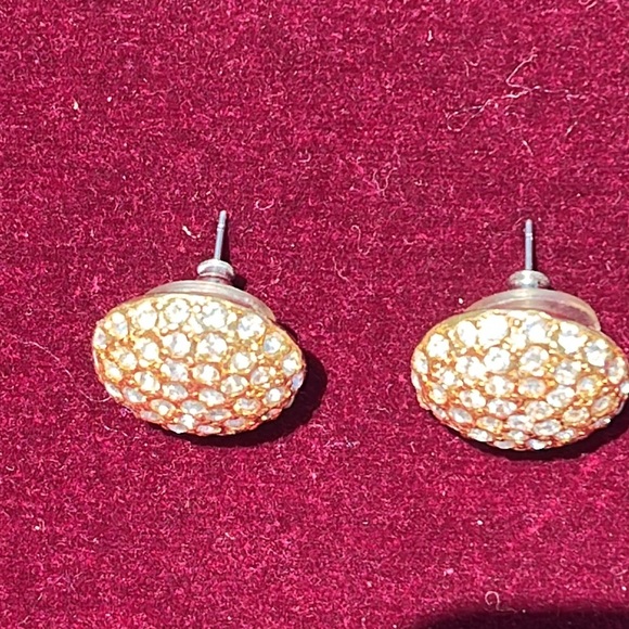 Gold and rhinestone round dome pavé stud earrings ~11/16”. Like new. - Picture 3 of 6